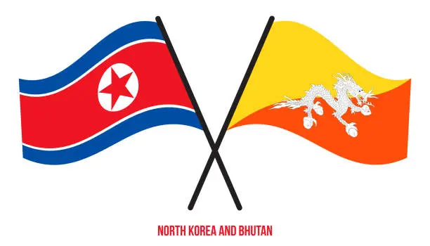 Vector illustration of North Korea and Bhutan Flags Crossed And Waving Flat Style. Official Proportion. Correct Colors.