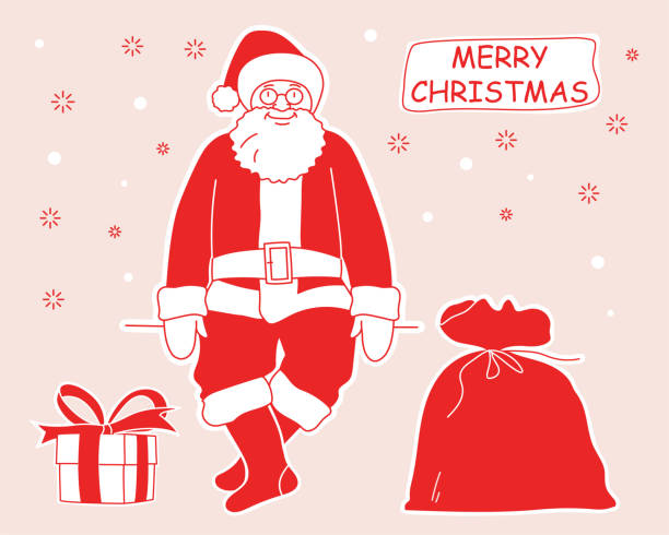 illustrations, cliparts, dessins animés et icônes de père noël assis près du sac rouge et de la boîte. style rétro. - santas sack