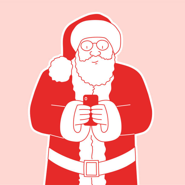 illustrations, cliparts, dessins animés et icônes de le père noël utilise le téléphone. style rétro. - sack