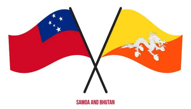 Vector illustration of Samoa and Bhutan Flags Crossed And Waving Flat Style. Official Proportion. Correct Colors.