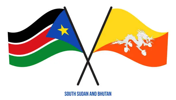 Vector illustration of South Sudan and Bhutan Flags Crossed And Waving Flat Style. Official Proportion. Correct Colors.