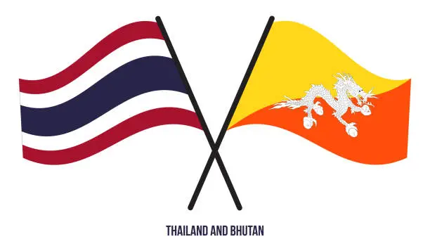 Vector illustration of Thailand and Bhutan Flags Crossed And Waving Flat Style. Official Proportion. Correct Colors.
