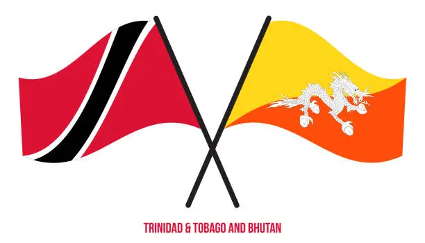 Vector illustration of Trinidad & Tobago and Bhutan Flags Crossed And Waving Flat Style. Official Proportion.