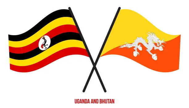 Vector illustration of Uganda and Bhutan Flags Crossed And Waving Flat Style. Official Proportion. Correct Colors.