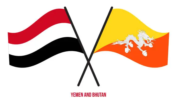 Vector illustration of Yemen and Bhutan Flags Crossed And Waving Flat Style. Official Proportion. Correct Colors.