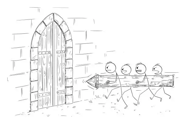 Vector illustration of Battering Ram Attacking Castle Gate, Vector Cartoon Stick Figure Illustration