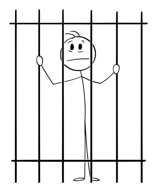 Vector illustration of Prisoner Behind or Jail Bars, Vector Cartoon Stick Figure Illustration