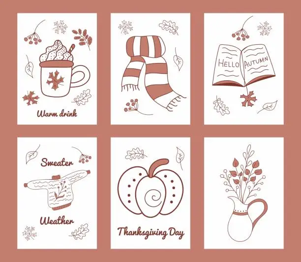 Vector illustration of Set of autumn postcards with hot drink with cream, pumpkin, scarf, sweater, book and dried plants.