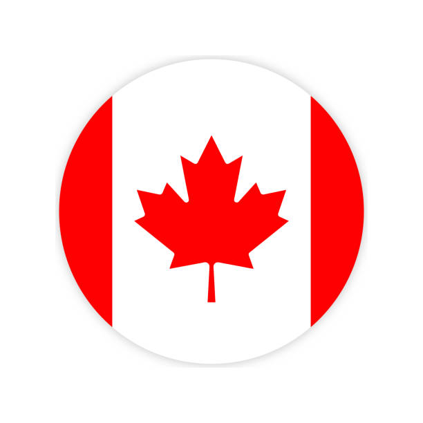 ilustraciones, imágenes clip art, dibujos animados e iconos de stock de hecho en canadá, redondo con colores de la bandera nacional canadiense, icono vectorial del círculo de la hoja de arce - canadian flag illustrations