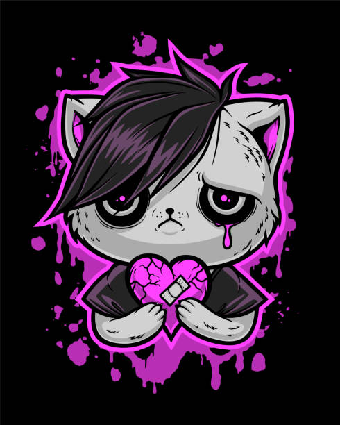 Emo cute cat with broken heart Sad emo kitten with broken heart on the bright pink liquid elements. Vector illustration, can be used as T-shirt print. Black, pink and grey series. emo boy stock illustrations