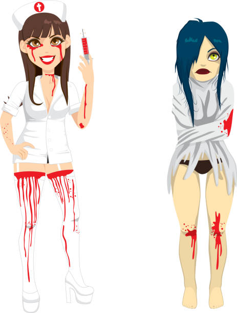 Mad Nurse and Demented Woman Two girls in Mad nurse and demented insane woman costume for Halloween holiday party celebration haunted asylum stock illustrations