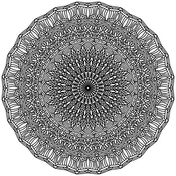 Vector illustration of mandala with geometric figures and abstract ornaments drawn on a white background, coloring book page