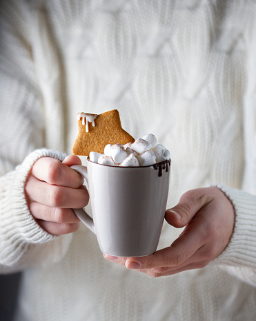 Hot chocolate with marshmallows and gingerbread in the shape of a star with drips and cocoa in a mug is held by a girl in a white sweater