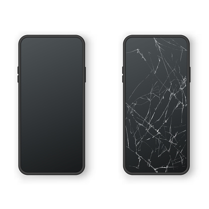 Broken and intact black phone screen front view set realistic vector illustration. Smartphone repair service shattered electronics device touchscreen. Cellphone fractured technical crash display