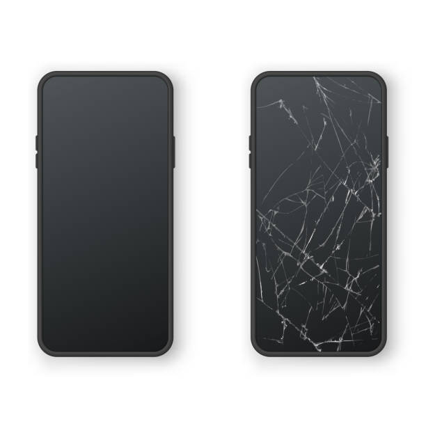 Broken and intact black phone screen front view set realistic vector smartphone repair service vector art illustration