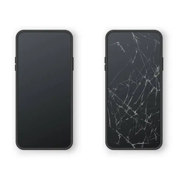 Vector illustration of Broken and intact black phone screen front view set realistic vector smartphone repair service