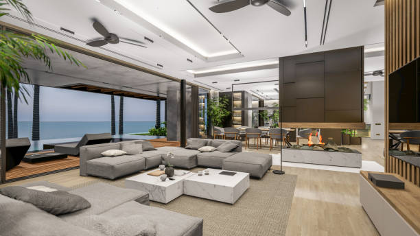 istock 3d rendering of modern cozy interior with living, dining zone, stair and kitchen 1425517125