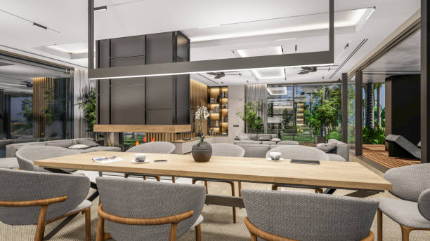 istock 3d rendering of modern cozy interior with living, dining zone, stair and kitchen 1425517212
