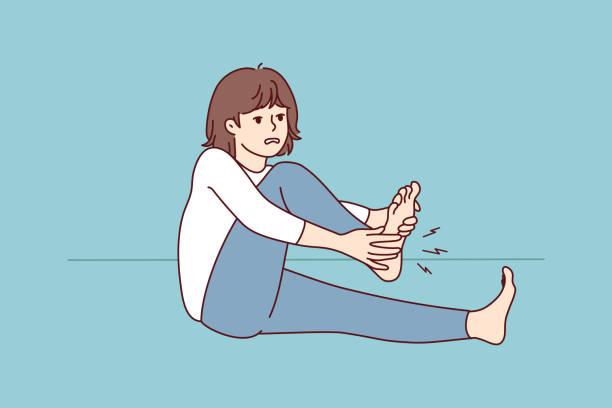 Woman suffer from leg cramp Unhealthy woman suffer from cramp in leg. Unwell female struggle with pain in sole. Healthcare and medicine. Vector illustration. feet up stock illustrations