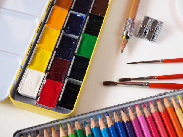istock Watercolor paints, pencils, brush, sharpener 1425519154