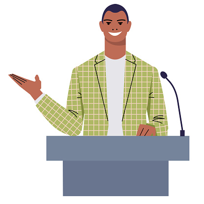 A young black man in a suit behind the podium during a performance. A smiling leader, politician, teacher speaks publicly. Presentation of a businessman. Flat vector isolated on white background.