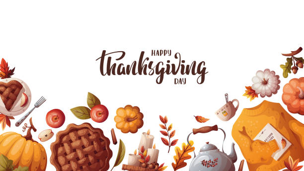 ilustrações de stock, clip art, desenhos animados e ícones de thanksgiving day card with pumpkins, apple pie, sweater and autumn leaves. - thanksgiving autumn pumpkin backgrounds