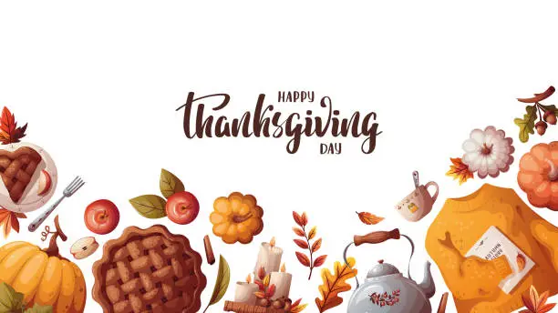 Vector illustration of Thanksgiving day card with pumpkins, apple pie, sweater and autumn leaves.