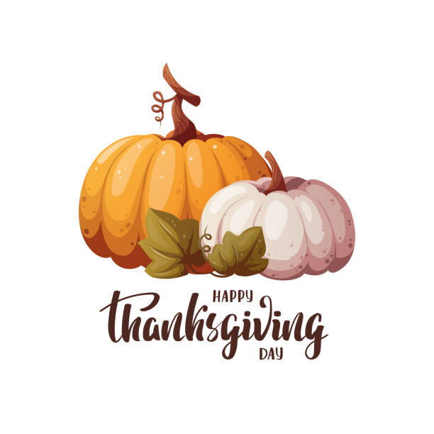 thanksgiving day card with pumpkins and handwritten lettering. - thanksgiving stock illustrations