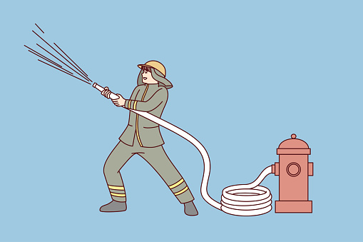 Male fireman with hose pouring water on burning building or house. Man fire fighter in uniform working on emergency site. Firefighting concept. Vector illustration.