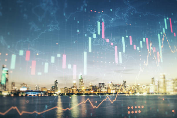 istock Abstract creative financial graph interface and world map on Chicago skyline background, forex and investment concept. Multiexposure 1425522216