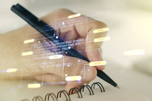 istock Multi exposure of abstract graphic coding sketch with man hand writing in diary on background, big data and networking concept 1425522258