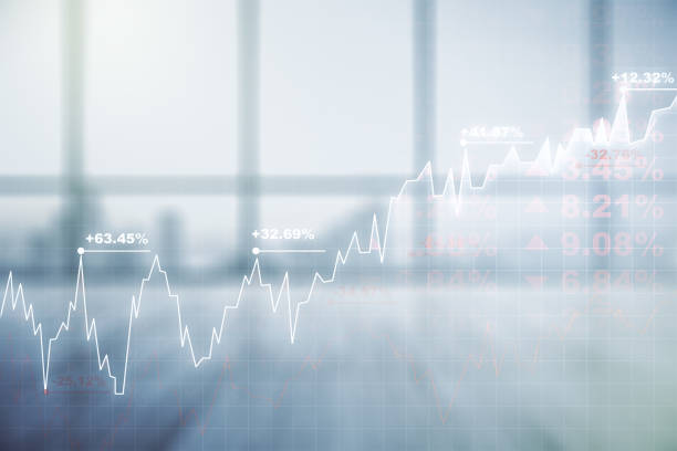Multi exposure of abstract virtual financial graph hologram on empty corporate office background, forex and investment concept