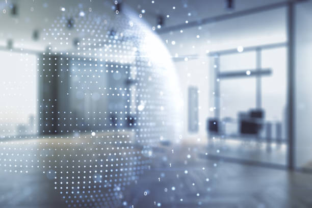 istock Abstract creative world map interface on a modern furnished office background, international trading concept. Multiexposure 1425522762
