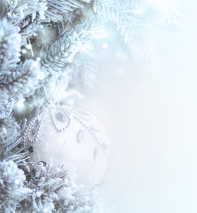 Christmas background with fir tree and festive Christmas toy.Banner. Copy space for text
