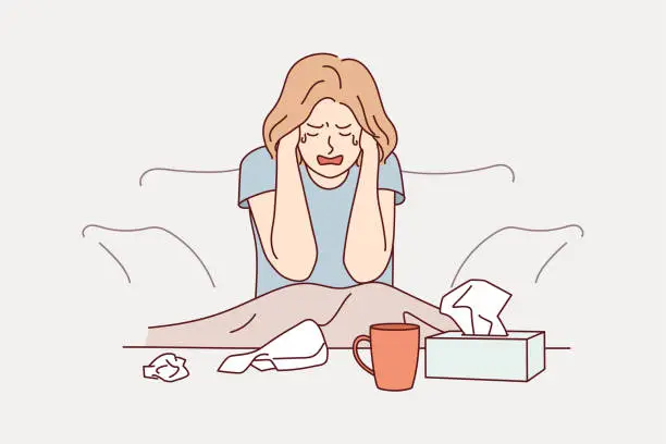 Vector illustration of Unhappy woman crying at home