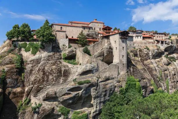 Photo of Monastery of Transfiguration of Christ (Great Meteoron) stands atop the highest rock pillar called Platylithos above Pineios valley floor and is the largest and oldest in Meteora, Greece