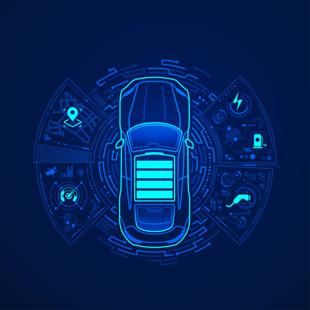 evInterface concept of EV or electriv vehicle technology, graphic of car presented by front view with futuristic interface concept car stock illustrations