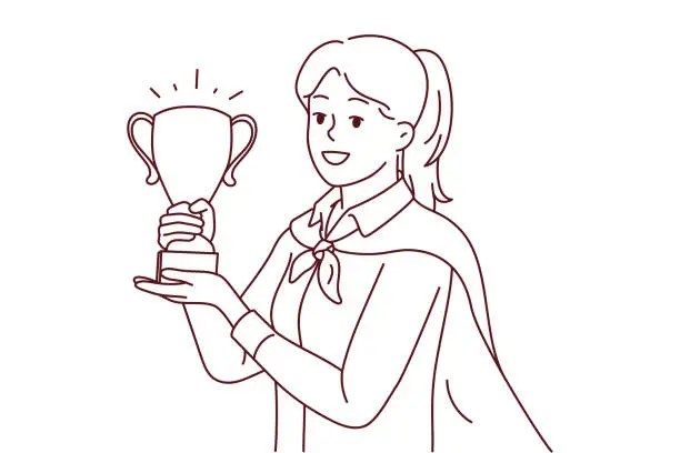 Vector illustration of Smiling female employee with prize in hands