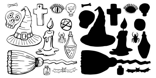 ilustrações de stock, clip art, desenhos animados e ícones de set for halloween,silhouette of a spider,cobweb,halloween pumpkin,set of stickers for halloween,halloween drawing,skull outline,bat,hand drawn mystical doodle design element a magic and witchcraft - witch halloween cauldron bat