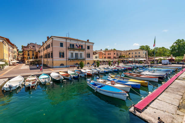 Small Port of Bardolino Village on Lake Garda, Verona, Veneto, Italy stock photo