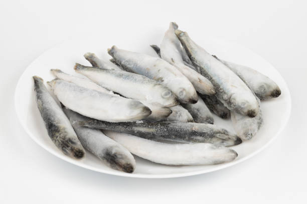 istock Frozen sea food on a white plate, Baltic herring in ice. 1425540977