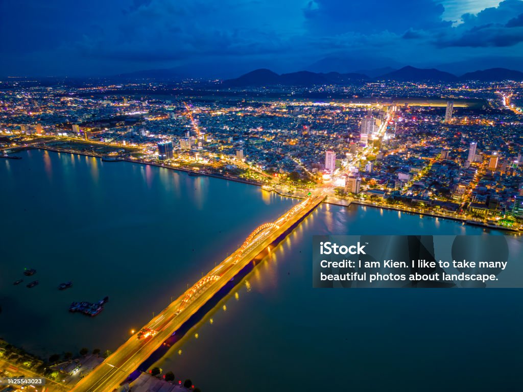 Aerial view of Han river and dragon bridge at sunset. Asia Stock Photo