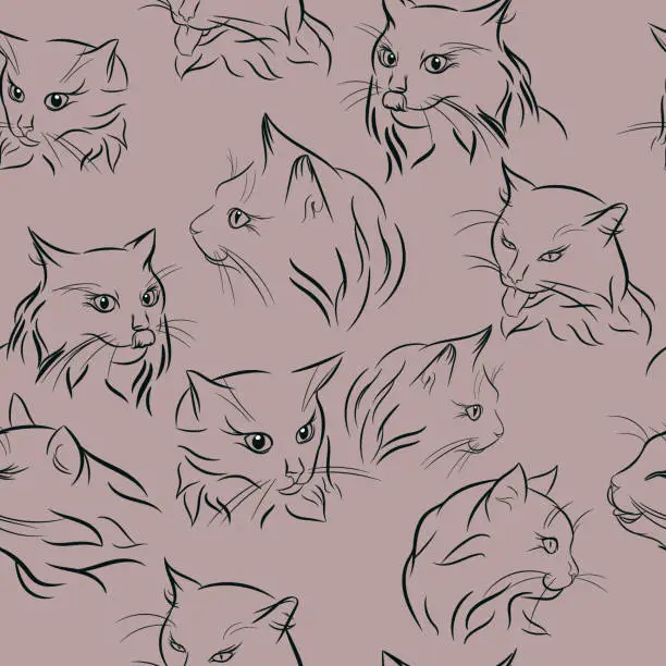 Vector illustration of seamless pattern, background, hand drawn cat heads, line art design