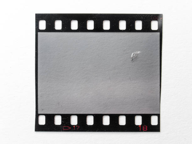istock scratched empty 35mm filmstrip or snip on white background. 1425546668