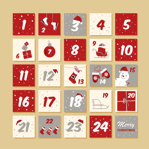 ilustrações, clipart, desenhos animados e ícones de calendário do advento do natal do vetor. - advent calendar christmas number red