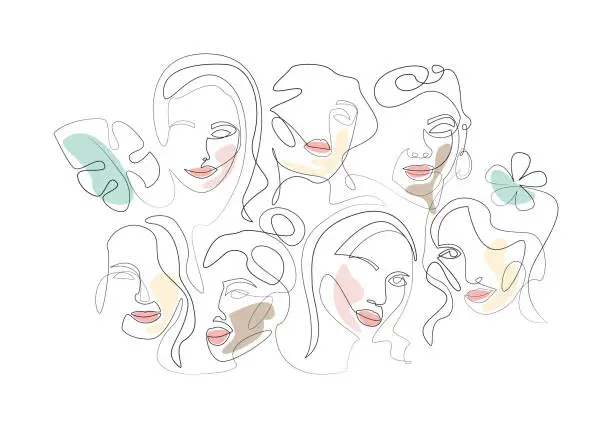 Vector illustration of Group of different women in one line