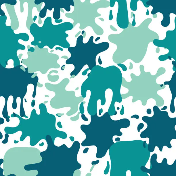 Vector illustration of Vector seamless pattern with turquoise, green and blue paint splashes. Colorful paint splatter. Background with abstract splashes, liquids and drops.