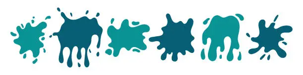 Vector illustration of Vector paint splashes set. Abstract turquoise, green and blue blots. Colorful cartoon paint splatter collection.