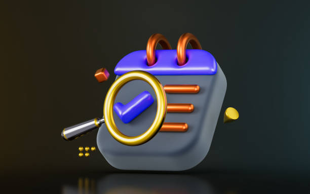 calendar check mark with magnify glass on dark background 3d render calendar check mark with magnify glass on dark background 3d render concept for check confirm date 3d early access stock pictures, royalty-free photos & images