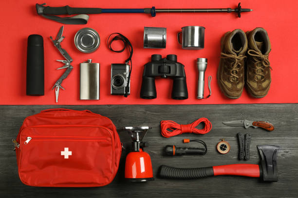 istock Flat lay composition with different camping equipment on color background. Traveler set 1425556272